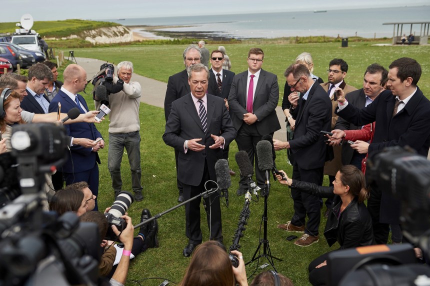 United Kingdom Independent Party (UKIP) leader Nigel Farage addresses the media during a press conference in Margate, southeast England, on May 8, 2015 after he failed to be elected to the parliamentary seat of Thanet South during the British general election. Farage announced his resignation as leader of the anti-EU UKIP after he failed to win a seat in Britain's parliament. AFP PHOTO / NIKLAS HALLE'N        (Photo credit should read NIKLAS HALLE'N/AFP/Getty Images)