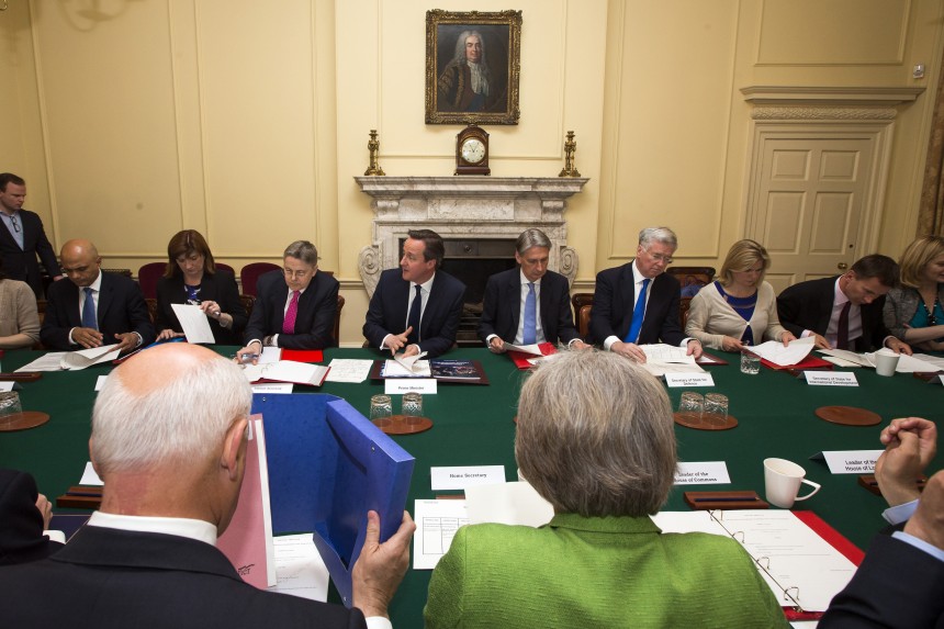 LONDON, ENGLAND - MAY 12:  British Prime Minister David Cameron hosts the first cabinet meeting with his new cabinet in Downing Street on May 12, 2015 in London, England. Conservative party Prime Minister David Cameron has unveiled his new cabinet after claiming an election victory last week that gave his party an outright majority in parliament, the first time in nearly 20 years.  (Photo by Dan Kitwood - WPA Pool / Getty Images)
