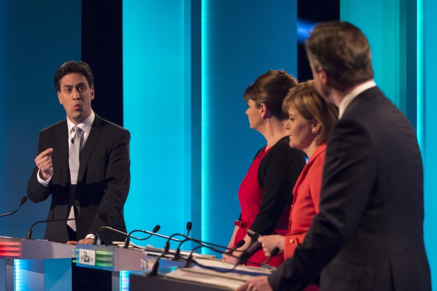 SALFORD, ENGLAND - APRIL 2: (EDITORIAL USE ONLY. NO MERCHANDISING. NO ARCHIVE AFTER MAY 02, 2015)  In this handout provided by ITV, (L-R):  Labour leader Ed Miliband, Plaid Cymru leader Leanne Wood, Scottish National Party leader Nicola Sturgeon and British Prime Minister and Conservative leader David Cameron take part in the ITV Leader's Debate 2015 at MediaCityUK studios on April 2, 2015 in Salford, England. Tonight sees a televised leaders election debate between the seven political party leaders. The debate will be the only time that David Cameron and Ed Miliband will face each other before polling day on May 7th.  (Photo by Ken McKay/ITV via Getty Images)
