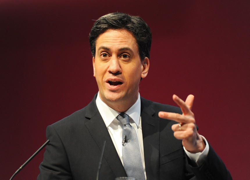 MANCHESTER, UNITED KINGDOM - APRIL 13: UK's Labour Party leader Ed Miliband addresses the launch of The Labour Party 2015 Election Manifesto at the Old Granada Studios in Manchester, United Kingdom on April 13, 2015. (Photo by Howard Walker/Anadolu Agency/Getty Images)