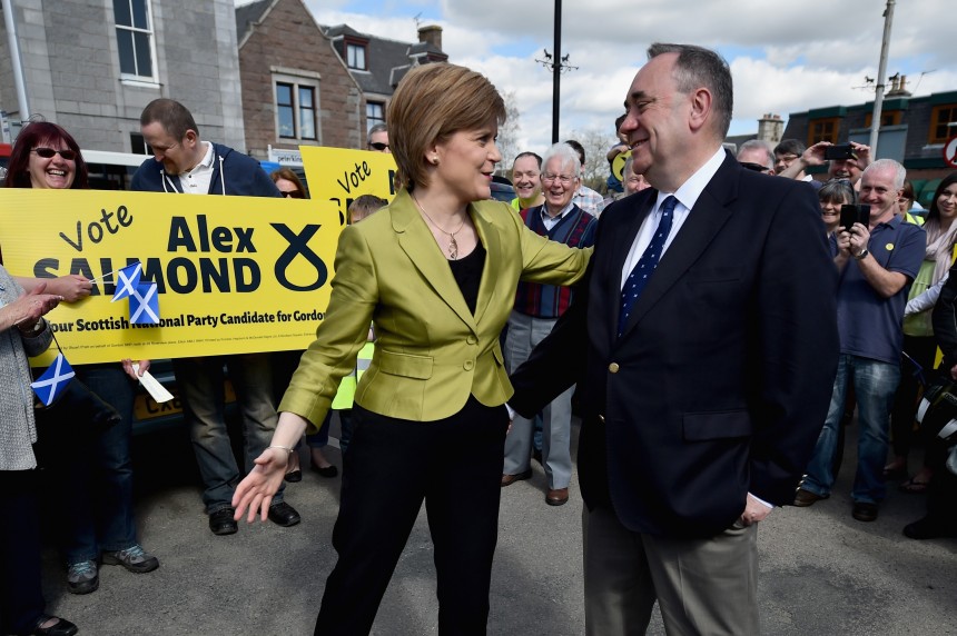 INVERURIE, SCOTLAND - APRIL 18:  SNP Leader Nicola Sturgeon and Alex Salmond campaign in the Gordon constituency on April 18, 2015 in Inverurie, Scotland. The First Minister joined  Alex Salmond to highlight the fact that only the SNP represent all parts of Scotland.  (Photo by Jeff J Mitchell/Getty Images)