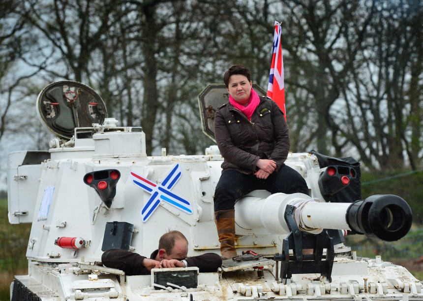 DUNDEE, SCOTLAND APRIL 29 : The Scottish Conservative Leader Ruth Davidson gets behind the wheel of a Tank at Auchterhouse Country Sports, as she highlights how the country's military and defences are best served by the party on April 29, 2015 in Dundee, Scotland. Britain goes to the polls in a General Election on May 7. (Photo by Mark Runnacles/Getty Images)