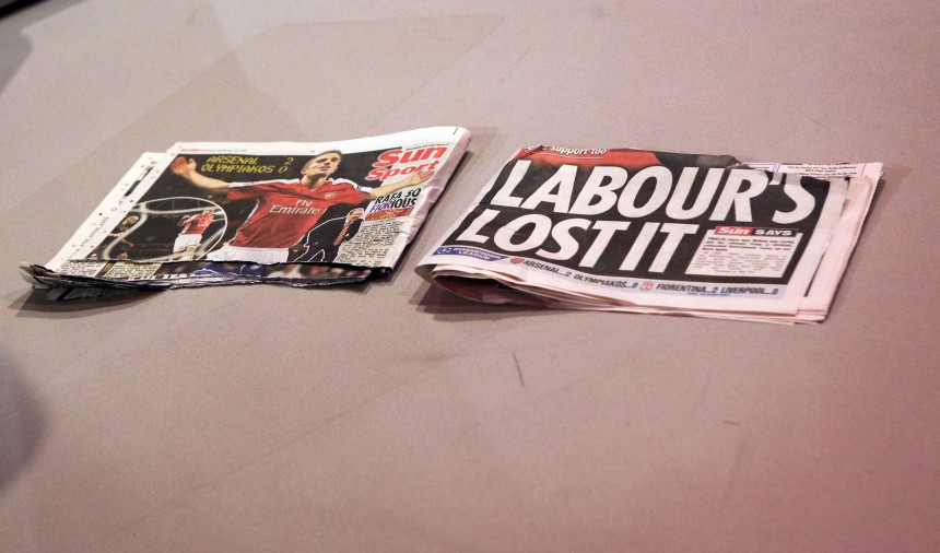 BRIGHTON, ENGLAND - SEPTEMBER 30:  A copy of The Sun newspaper lies on the floor after Unite Union Joint General Secretary Tony Woodley tore it in two on stage at the Labour Party Conference on September 30, 2009 in Brighton, England. The Sun, Britain's biggest selling daily newspaper, has switched it's support for the governinig Labour Party to the opposition Conservative Party. A general election is due sometime in 2010.  (Photo by Peter Macdiarmid/Getty Images)