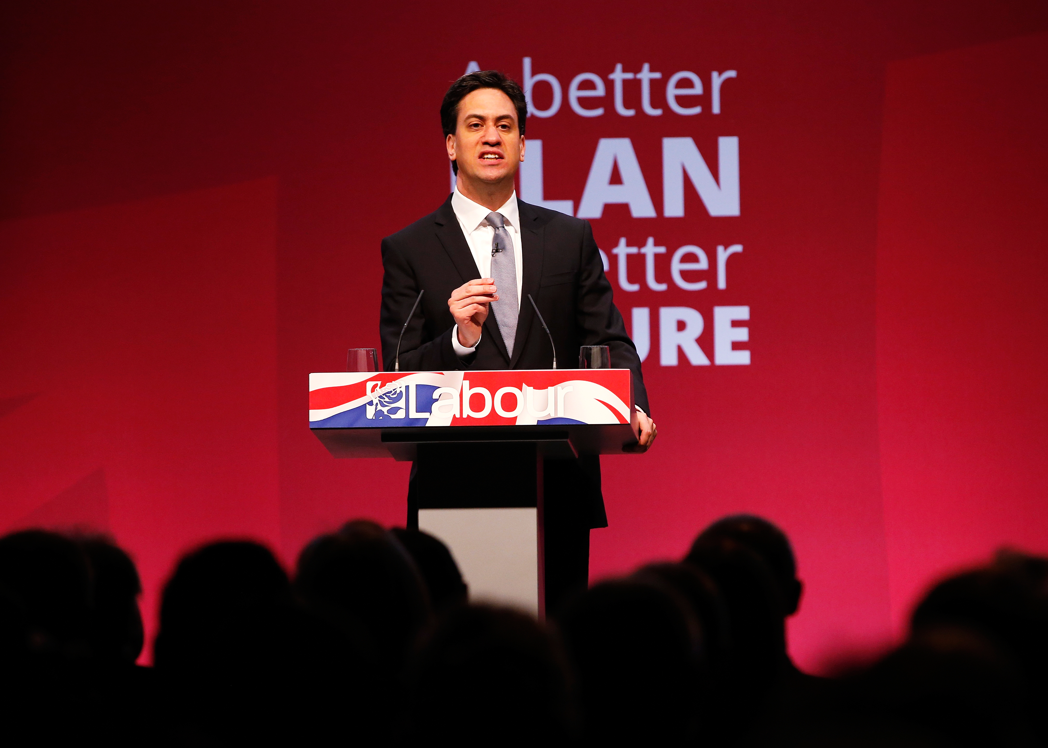 Britain's opposition Labour Party Ed Miliband announces his party's election manifesto at Granada studios in Manchester, northern England