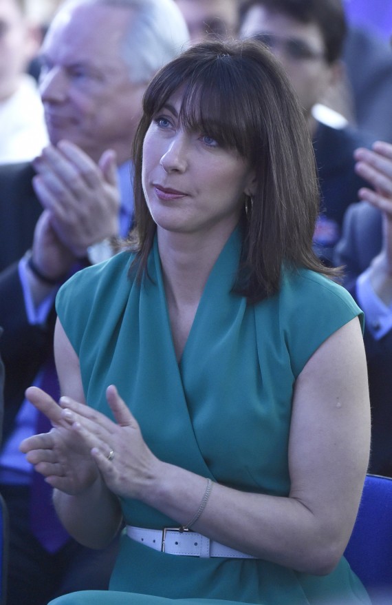 Samantha Cameron, wife of Britain's Prime Minsiter David Cameron, claps during the launch of the Conservative Party's election manifesto in Swindon, western England