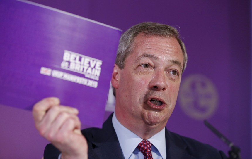 Britain's United Kingdom Independence Party leader Farage unveils his party's manifesto in Aveley, southeast England