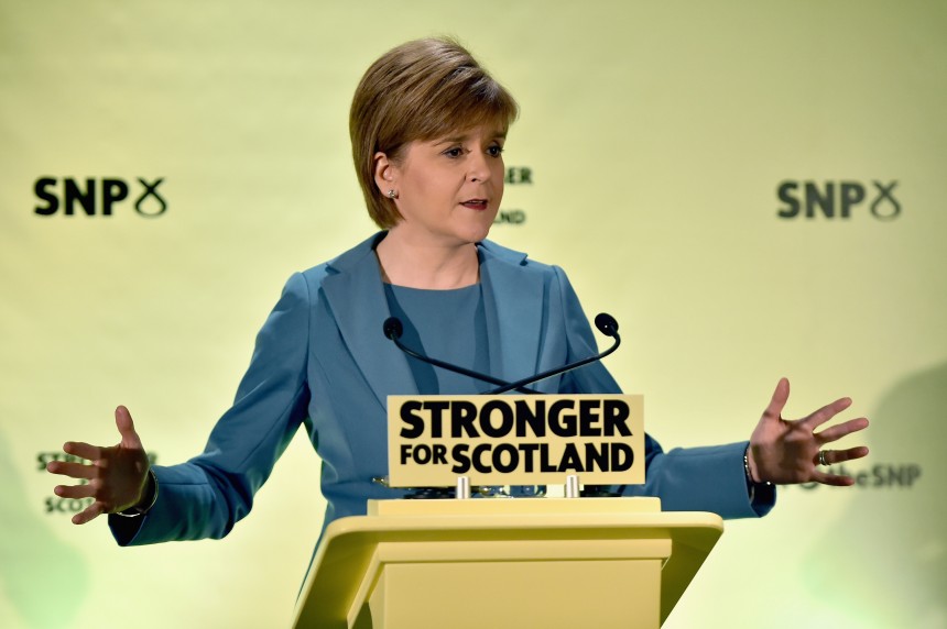 GLASGOW, SCOTLAND - APRIL 29:  SNP leader and First Minister Nicola Sturgeon delivers a speech marking the start of the final week of campaigning in the run-up to the general election on April 29, 2015 in Glasgow, Scotland. Recent polls suggest that people north and south of the border are liking what Nicola Sturgeon is saying regarding how a strong team of SNP MPs, standing up for Scotland, can contribute to delivering more progressive policies for the benefit of people across the UK.  (Photo by Jeff J Mitchell/Getty Images)