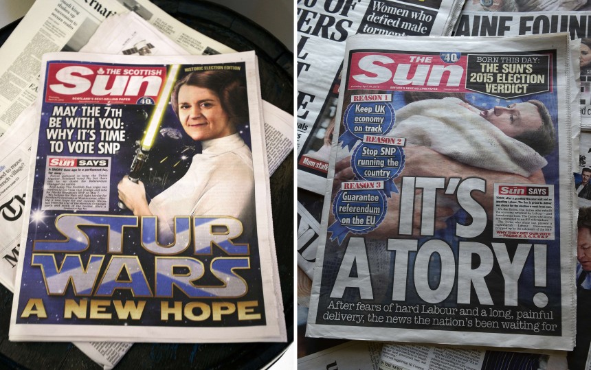 A combination of pictures created on April 30, 2015 shows a Scottish edition of Britain's Sun newspaper, featuring a montage of Scottish First Minister and Leader of the Scottish National Party (SNP) Nicola Sturgeon (L) and endorsing the SNP for the general election taken in Edinburgh, Scotland, on April 30, 2015 and an edition of the Sun newspaper in London featuring a montage of British Prime Minister and leader of the Conservative Party David Cameron (R) with messages backing the Conservative Party for the general election and against the SNP. The Sun newspaper on Thursday urged readers to vote for the Conservative party of British Prime Minister David Cameron in next week's election but its Scottish edition backed rival nationalists. AFP PHOTO / ANDY BUCHANAN / DANIEL SORABJI        (Photo credit should read Andy Buchanan,DANIEL SORABJI/AFP/Getty Images)