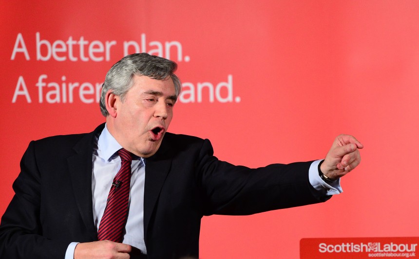 GLASGOW, SCOTLAND - MAY 05: Former Labour Prime Minister Gordon Brown gives a rousing speech in support of Jim Murphy, the leader of the Scottish Labour Party, who asked voters to choose between a fair economy or a second referendum at a rally at the Light House on May 05, 2015 in Glasgow, Scotland. Britain goes to the polls in a General Election on May 7. (Photo by Mark Runnacles/Getty Images)